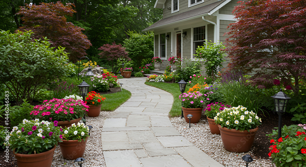 Fototapeta premium Idyllic Stone Pathway Through Lush Green Garden Leading To Cozy Home