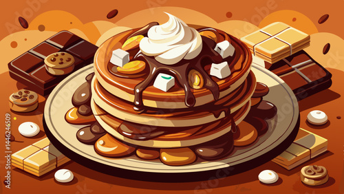 Dark chocolate pancakes with bold cocoa tones and creamy swirls.
Whipped cream clouds top each layer, finished with chunky bites.
The combination is both bold and comforting.
Great for cozy, indulgent