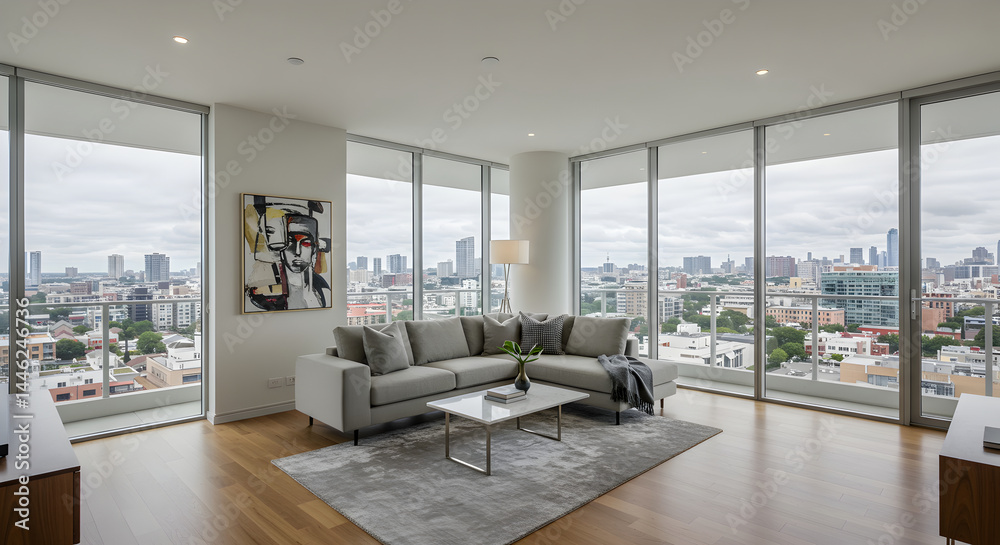 Fototapeta premium Contemporary Condo Interior With Panoramic Skyline View And Stylish Furnishings