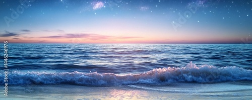 The ocean waves crash under the starry night sky at dusk