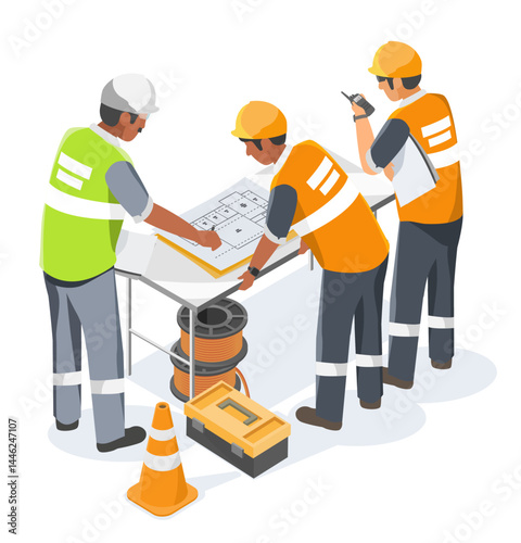 Construction foreman coordinating work plan with electrical technicians at job site using blueprints and equipment layout isometric cartoon