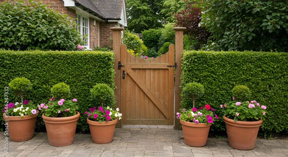 Charming Wooden Gate And Lush Greenery In An Idyllic Suburban Garden Charming Wooden Gate And Lush Greenery In An Idyllic Suburban Garden