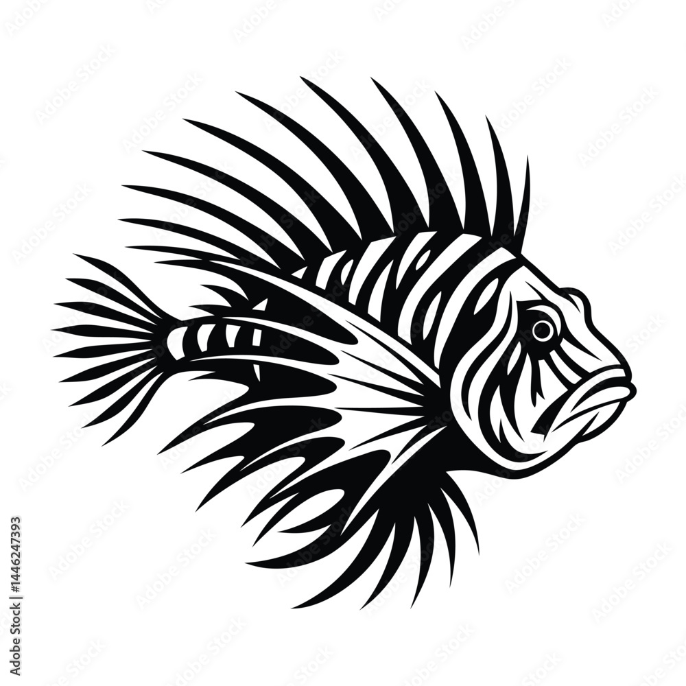 Obraz premium Striking Monochrome Lionfish Detailed Black and White Fish with Elaborate Spines Design