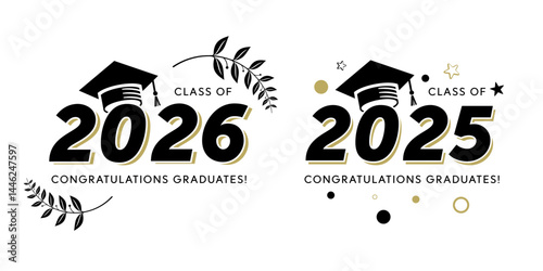 Congratulations to the graduating class of 2025 or 2026 in gold and black with college graduation caps for t-shirts, flyers and greeting cards