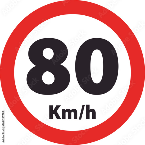 Red-bordered circular road sign defining a maximum vehicle speed of eighty kilometers per hour.