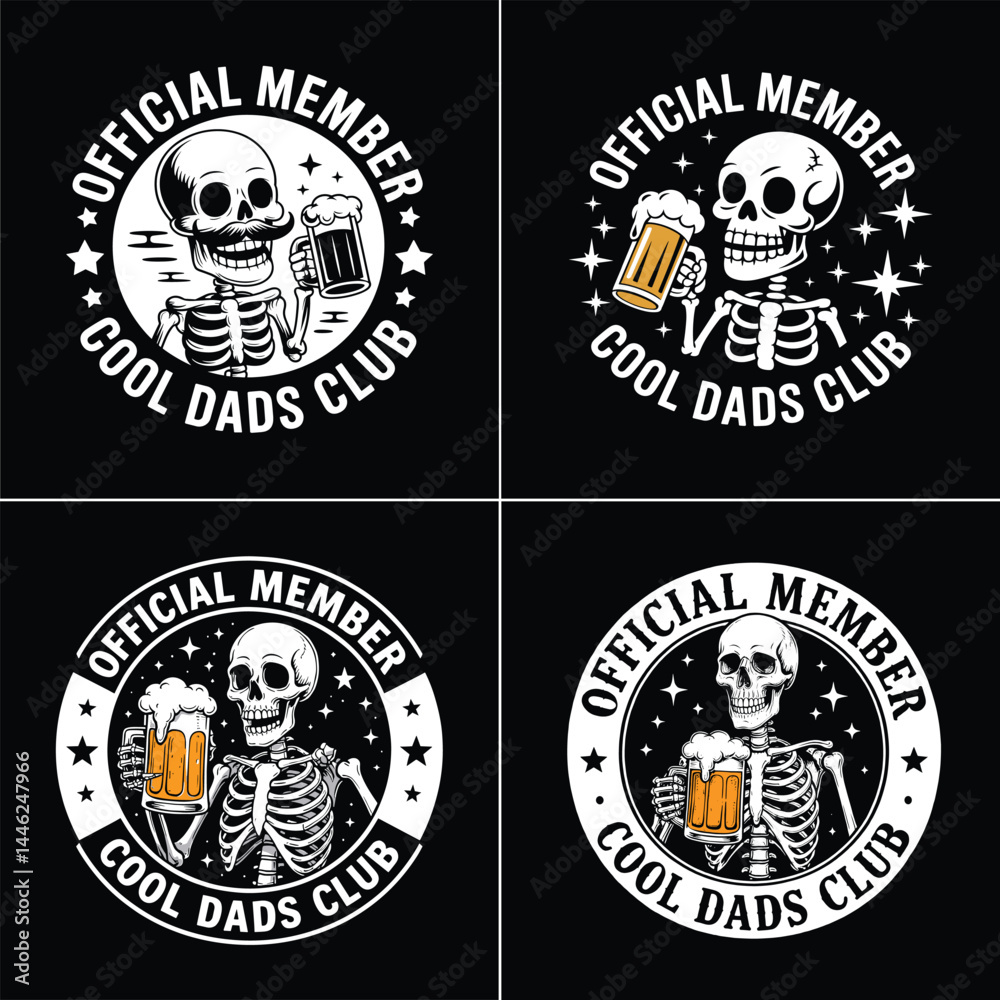 Naklejka premium Cool Dads Club Skeleton Design Official Member Beer Drinking Skeleton Dad Badge for Father s Day