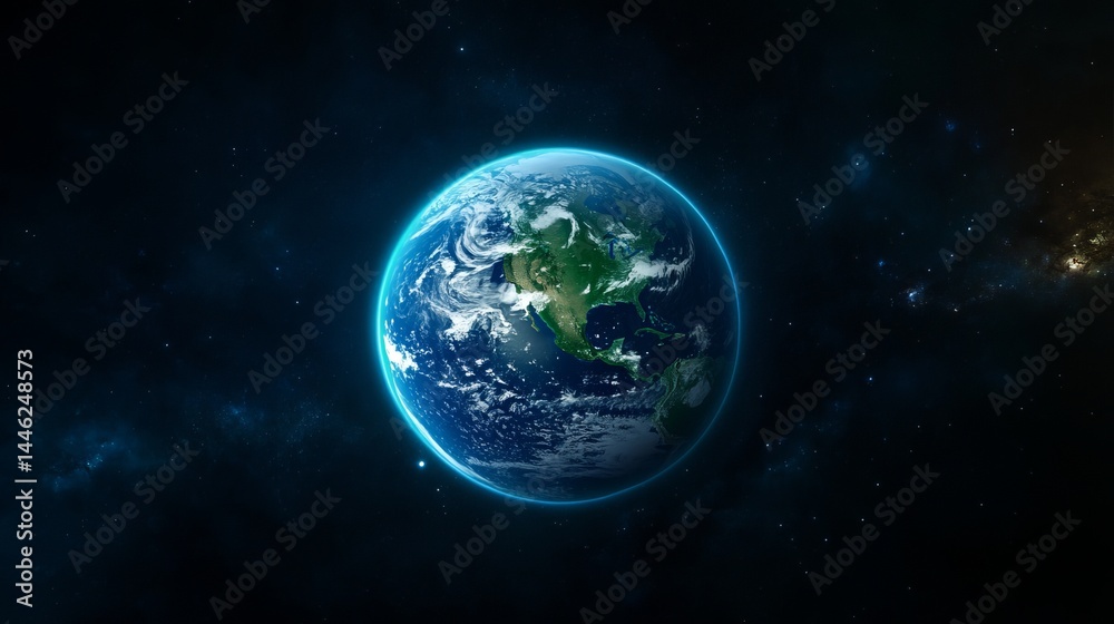 Earth floats in dark outer space showing continents and oceans surrounded by a blue atmosphere.