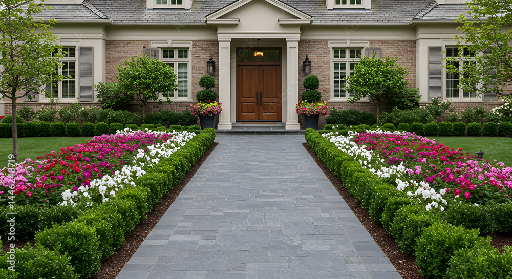 Obraz premium Elegant Home Exterior With Colorful Flowerbeds And Manicured Landscaping