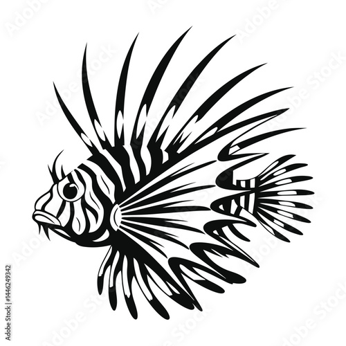 Tribal Lionfish Black and White Lionfish with Striped Body and Spiky Fins