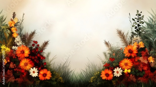 Flowers and foliage are arranged symmetrically against a pale background creating a decorative floral display.