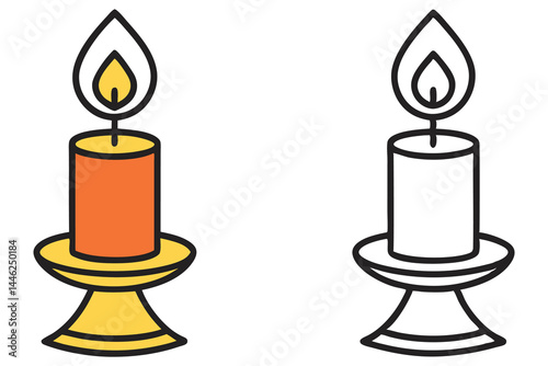 An orange candle burns brightly on a candlestick with a black and white candle beside it