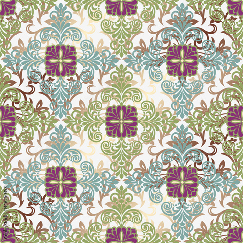 Ornate damask floral pattern in muted green, brown, purple for textile or wallpaper design. Vector seamless border in Victorian style. Islam, turkish, Indian, Arabic. Background set. Vector, illustrat