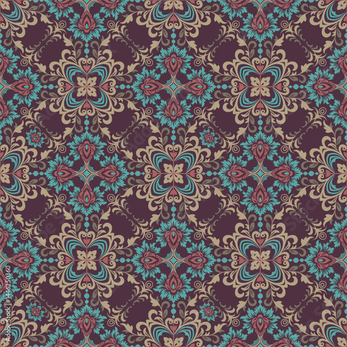 Damask floral pattern in traditional style. Elegant background or textile design. Vector seamless border in Victorian style. Vector, illustration.