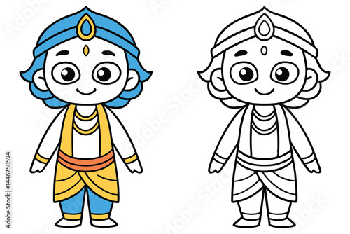 Cartoon Indian deity stands alongside a line art version of itself with white background