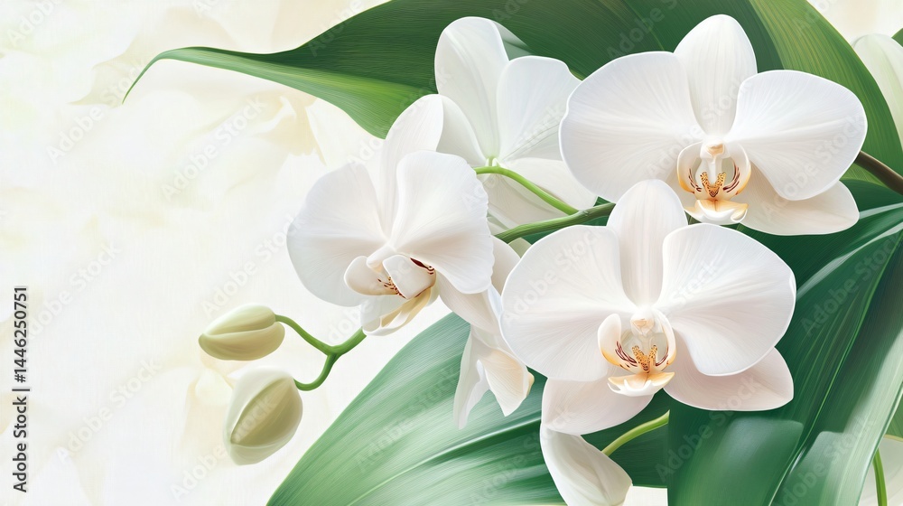 Obraz premium Elegant white orchids blooming, delicate floral arrangement with lush green leaves, perfect for nature-themed decor or invitations.