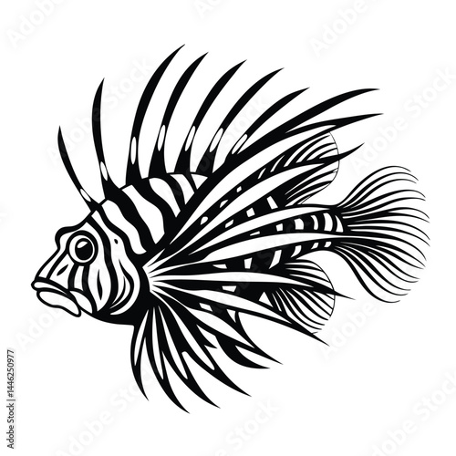 Stylized Lionfish Black Stripes and Spines on White Background
