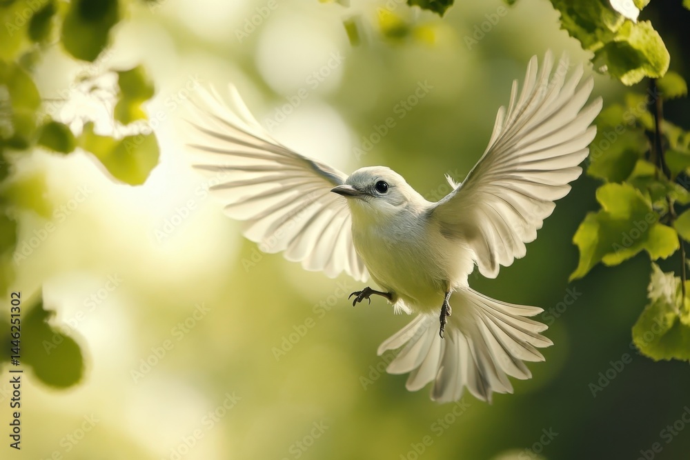 Fototapeta premium Lesser Grey Shrike Lanius minor soaring through green foliage in the wild captured in slow motion, Lesser Grey Shrike, Lanius minor In the wild Slow motion