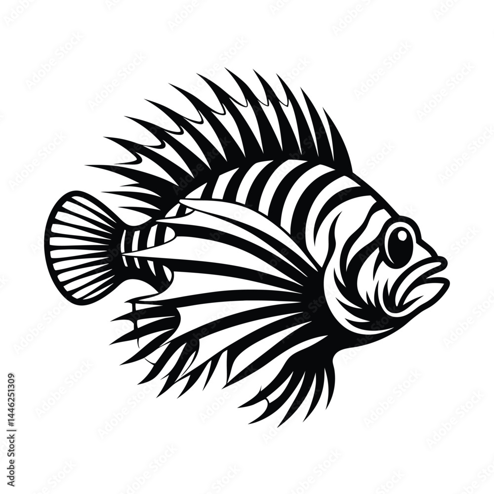 Fototapeta premium Lionfish Isolated, Striped Fish Silhouette, Marine Animal, Sea Creature, Art