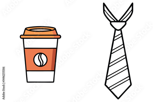 Isolated coffee cup with coffee bean logo appears next to a striped tie drawing