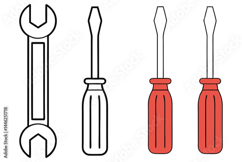 Isolated wrench and screwdrivers with red handles are arranged neatly on a white background