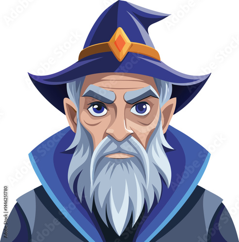 Wise Old Wizard: A portrait of a wise, elderly wizard with a long white beard, wearing a pointed blue hat. His expression is serious and thoughtful.