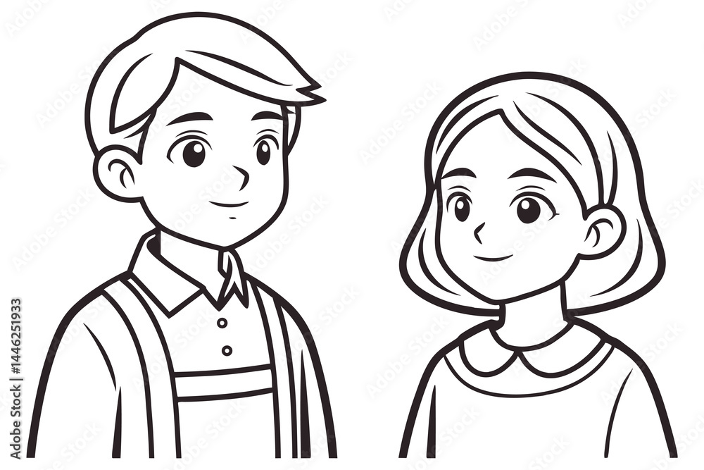 Line art portrays a smiling young boy and girl posing together with transparent background Line art portrays a smiling young boy and girl posing together with transparent background