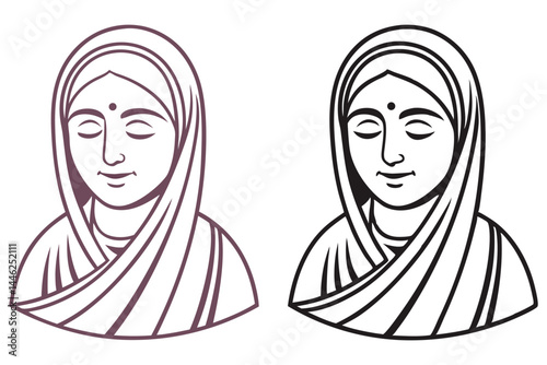 Minimalist art shows serene Indian woman with headscarf in purple and black outlines