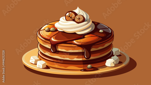 Tall stack of chocolate pancakes layered with whipped bliss.
Glossy chunks melt over warm batter, creating visual motion.
The textures create a balance of richness and lightness.
Perfect centerpiece f