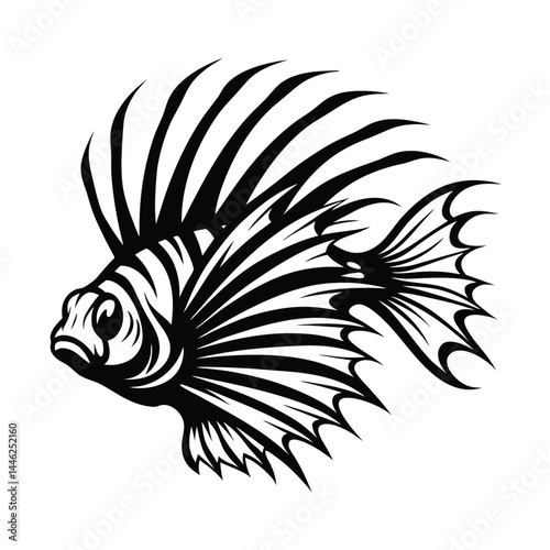 Monochrome Lionfish Illustration, Detailed Striped Fins, Marine Wildlife, Sea Creature