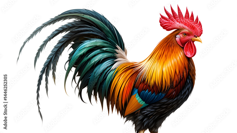 Fototapeta premium Colorful free range male rooster isolated on white background