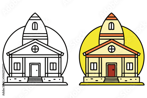 Outlined church and brightly colored version are featured against a white isolated background