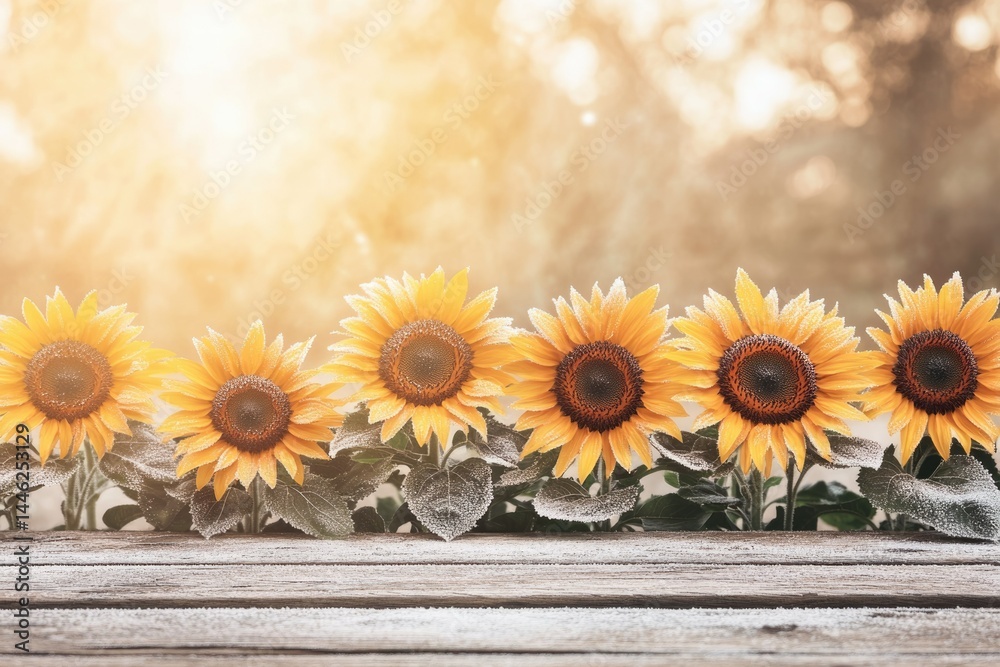 Obraz premium Frost-covered sunflowers in a row on a rustic wooden surface, bathed in soft sunlight.