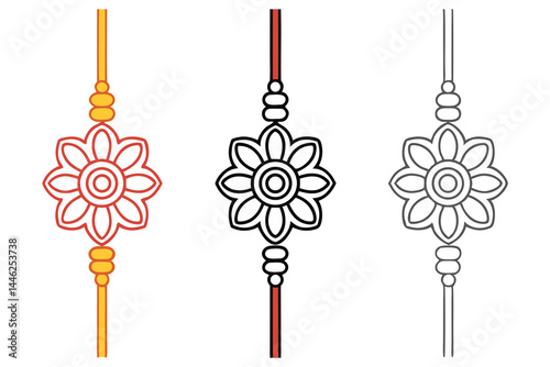 Three decorative floral Rakhi bands are displayed in red yellow, black, and grey lines