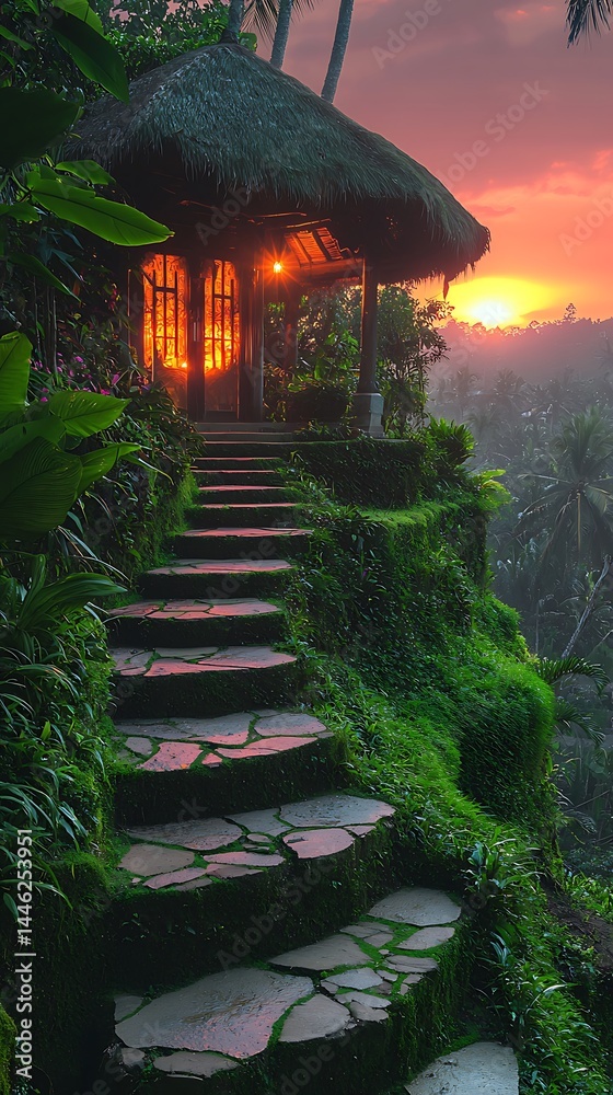 Sunset view steps leading to a hut