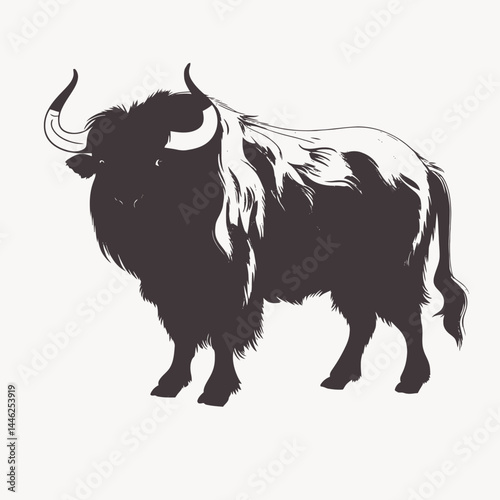 Illustration of a yak animal mammal wildlife nature bovine hairy horns fur isolated standing art