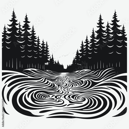 Black white forest river trees mountains landscape nature scenery illustration graphic design artwork drawing