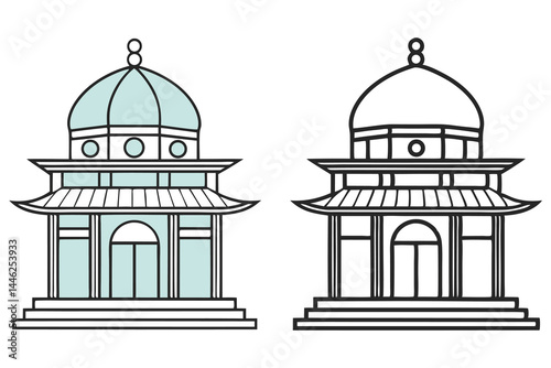 Two Asian temples are displayed, one with color, both with transparent backgrounds