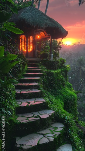 Obraz na płótnie Sunset view steps leading to a hut w salonie