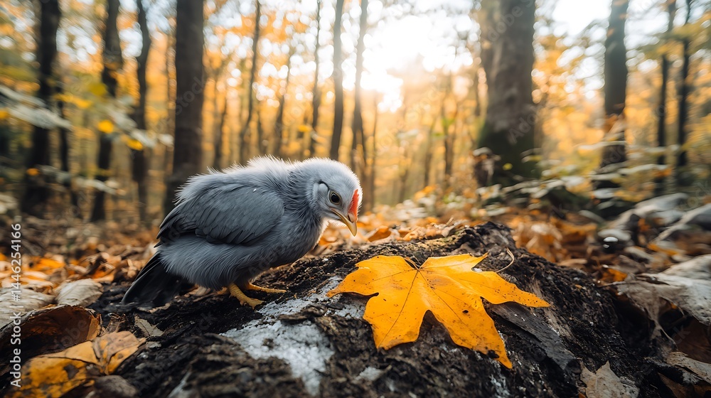 Fototapeta premium Young bird nestled among autumn forest leaves.