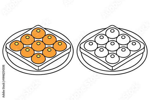 Two cartoon plates with sweets arranged, one in color and one monochrome