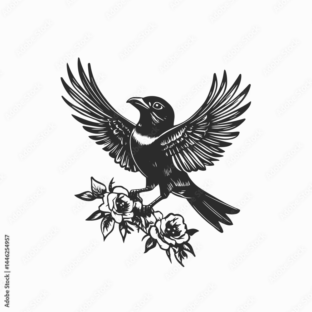 Obraz premium Bird flying wings floral black white illustration drawing artwork nature animal art design vintage graphic tattoo