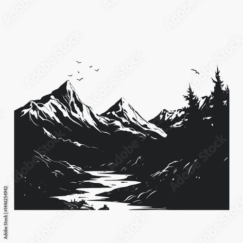 Mountain landscape river trees moon birds nature scenic black white vector illustration design art