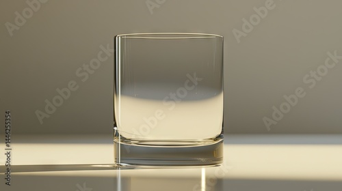 A clear empty glass sits on a reflective surface