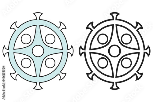 Two graphical cogwheel designs display in aquamarine and black on a transparent backdrop