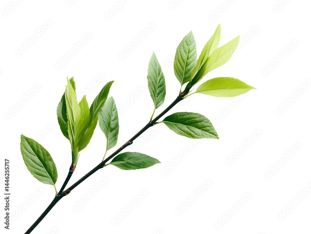 Closeup of first spring shoots on a empty branch isolated on white or transparent background Closeup of first spring shoots on a empty branch isolated on white or transparent background