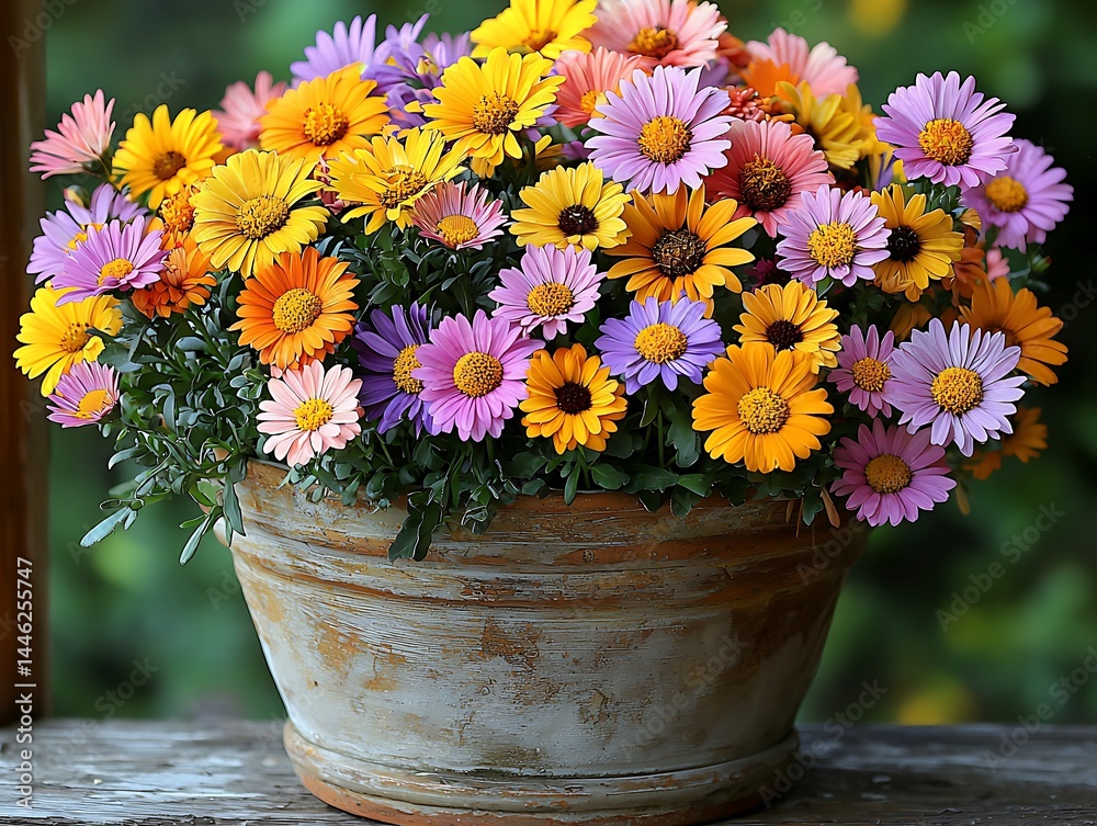 Vibrant multicolored daisies in rustic pot