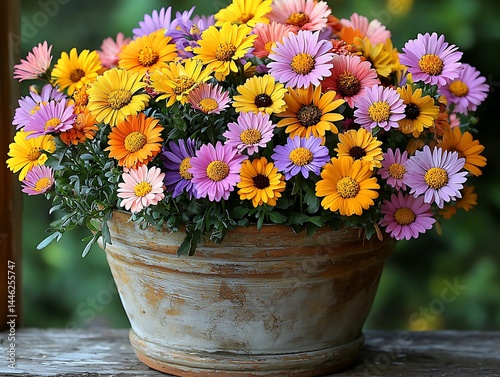Vibrant multicolored daisies in rustic pot