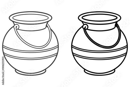 Two outlined earthen pots are standing closely together on a white transparent background