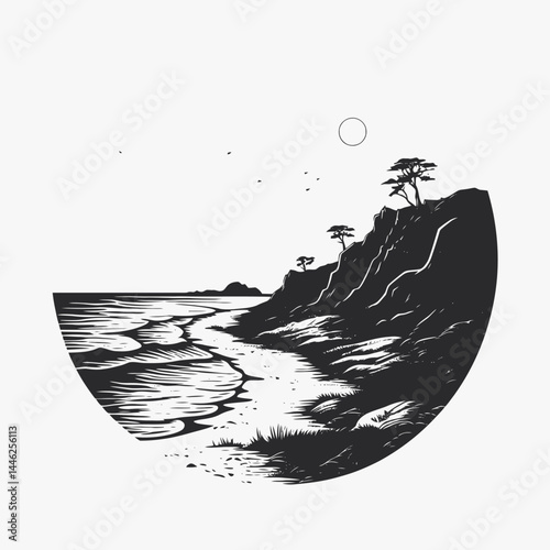 Beach coast ocean sea landscape nature scenic shore coastline seascape trees cliff sky drawing art