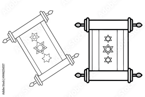 Two outlined scrolls display stars of David on white fabric with transparent background